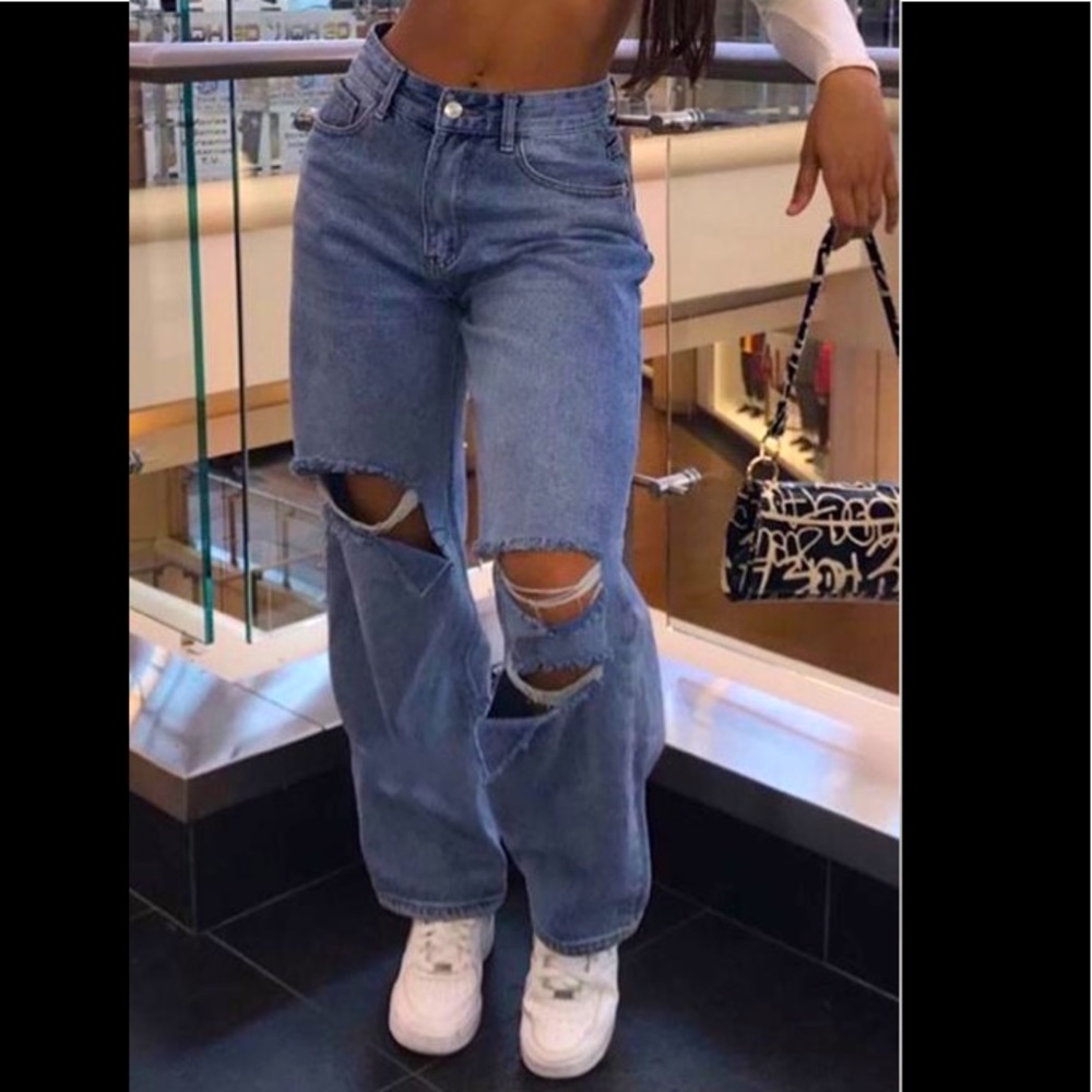 High Waisted Distressed Wide Leg Jeans (Mid Blue)